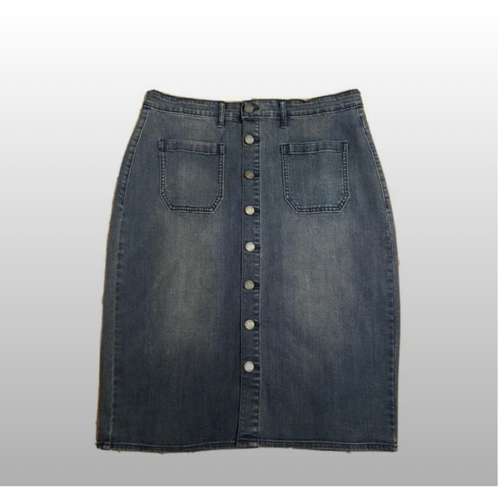 HAUTE HIPPIE Women's Button Front Pencil Jean Skirt Sz 14 Medium Wash Denim